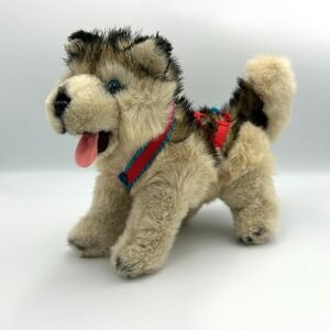 Kipmik Alaska Husky Realistic Fur Plush Sled Dog Puppy Dog Harness Blue Eyes 10"